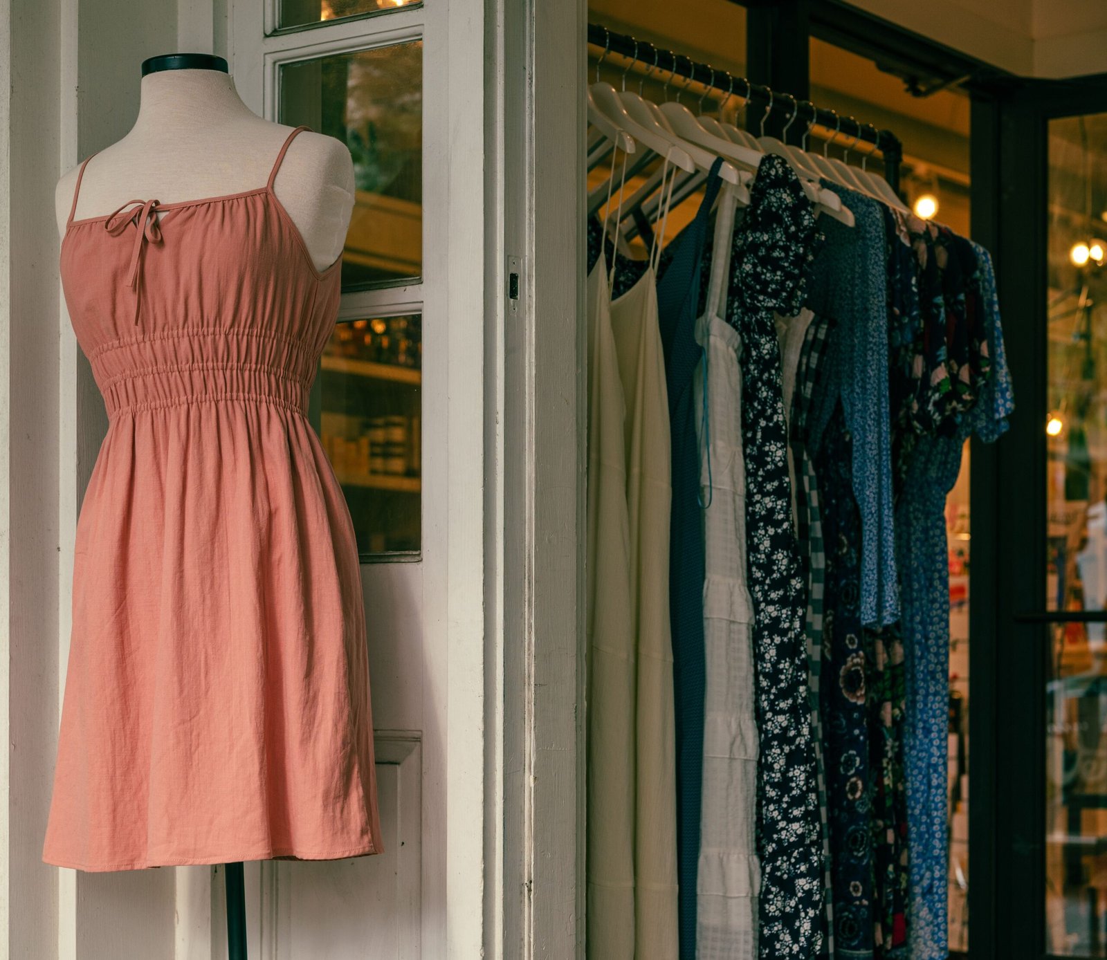 Mannequin with a pink dress and clothing rack in a stylish boutique.